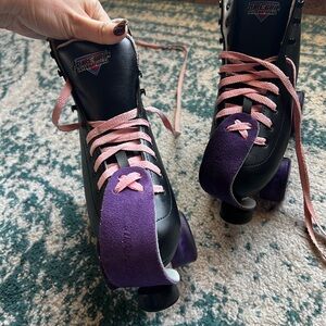 Sure Grip International roller skates with purple suede toe guards & pink laces